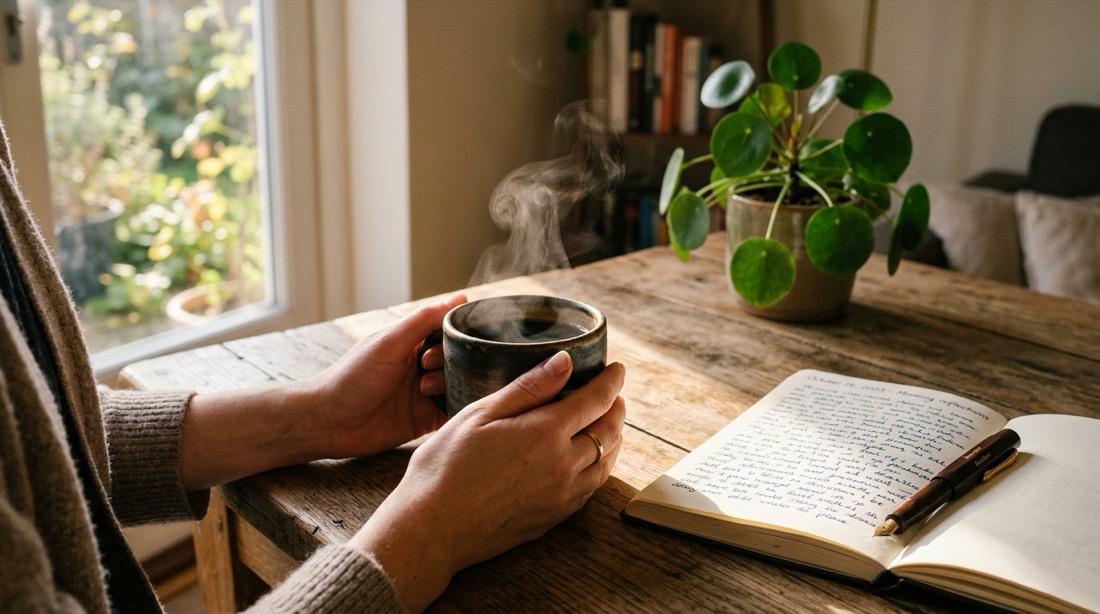 Pessoa segurando uma xícara de café ao lado de um caderno aberto