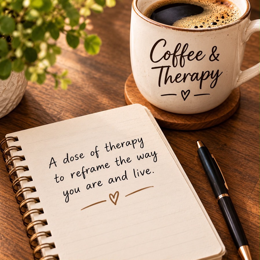 Caneca de café e caderno de anotações com a mensagem Coffee & Therapy
